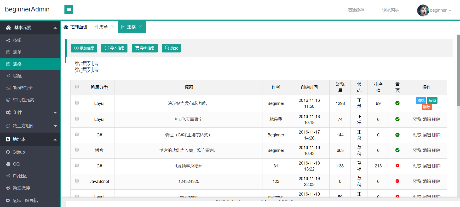 前端模版之 layui 后台管理系统 (BeginnerAdmin)-0007 预览